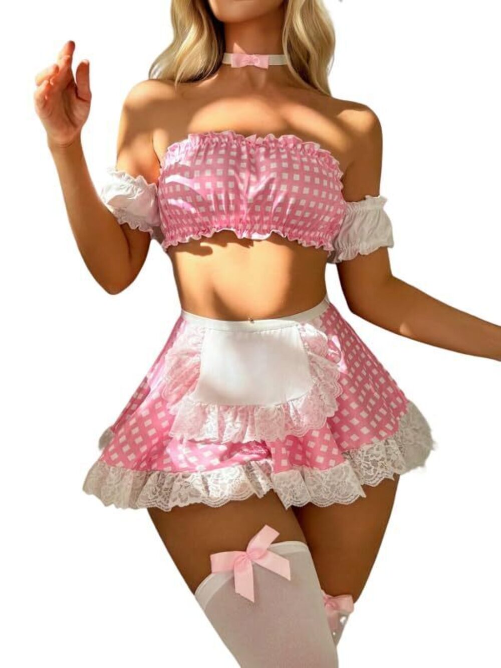 3181 Plaid Lace Frill Maid Lingerie Costume Set with Choker and Mesh